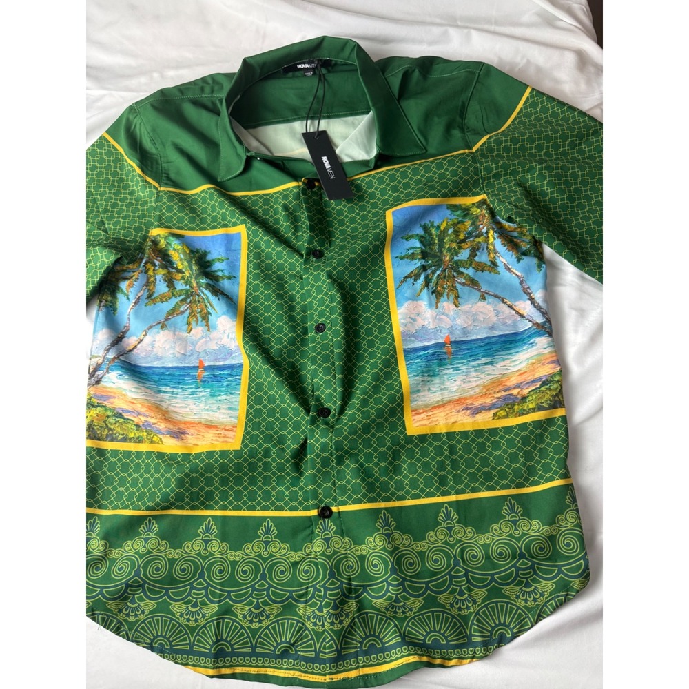 NOVA MEN Green Tropical‎ Beach Scene Button Up Shirt Size Medium